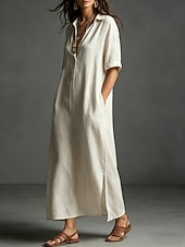 cheap Dresses-Women's Maxi long Dress Linen Dresses Elegant Vacation Loose Fit Plain Short Sleeve Shirt Collar Summer