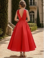 baratos Vestidos de Cocktail-Linha A Longuette Vestidos de cocktail Vestidos de festa Elegante Sedoso Sem Manga Gola Redonda Casamento Formal Bolsos Cetim com Laço(s) Miçangas