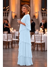 abordables Largo del piso-Funda Columna Hasta el Suelo Vestido Invitada Boda Vestido formal Vestido de noche Vestido de Madrina Manga 3/4 Cuello Barco Elegante Formal Gasa con Volantes