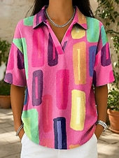 cheap Stripe&amp;Geometric tee-Women's Summer Tops Print Graphic Geometric Elegant Vintage Stylish Short Sleeve Shirt Collar Regular Tops Casual Daily Blue Pink Orange Summer Spring