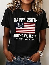  Dia da Independência Americana Mulheres Camiseta Imprimir Gráfico Bandeira Letra Vintage Moda à moda Manga Curta Gola Redonda Tops regulares Casual Diário Final de semana Azul Preto Vermelho Cinzento