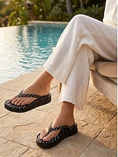 cheap Women-Women's Black Polka Dot Platform Flip Flops - Chic Polka Dot Pattern Wedge Thong Sandals for Beach Vacations, Summer Pool Parties &amp; Tropical Resort Travel