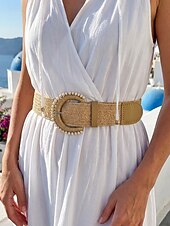 cheap Women's Belt-Women's Boho Straw Woven Belt, Wide Raffia Waist Belt with Beaded Buckle, Casual Cinch Belt for Summer Beach Vacation &amp; Daily Wear, Khaki/Beige