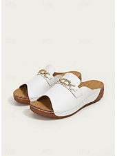 abordables Sandalias deslizantes-Sandalias metalizadas doradas para mujer: sandalias cómodas de punta abierta con detalle de cadena para uso casual y de verano.