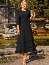 cheap Mom's Dress Sets-Sheath Column Tea Length Wedding Guest Dress Mother of the Bride Dress 3/4 Length Sleeve Jewel Neck Elegant Wedding Guest Chiffon Wrap Included with Ruching