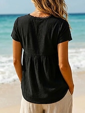 cheap Shirts-Women's Cotton Linen Shirts Lace Splicing Top Ruffle Patchwork Lace Trim Solid Color Plain Vintage Short Sleeve V Neck Regular Tops Casual Black White Summer Spring