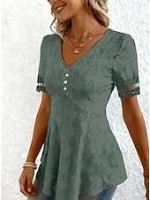  Mulheres Blusa Textura Elegant Elegante Boêmia Vintage Manga Curta Decote V Tops curtos Casual Diário Para Noite Damasco rosa Preto Branco Rosa Roxo Verão Primavera