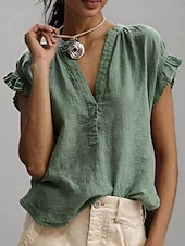 voordelige Effen Blouses-Dames Blouse Overhemd van imitatie linnen Ruche Effen Kleur Dagelijks Stijlvol Basic Korte mouw V-hals Normale tops Casual Dagelijks Wit Blozend Roze Groen Khaki Zomer Lente