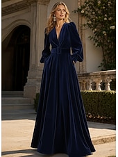 economico Abiti da Sera a Linea A-Abito da sera A-Line rosso nero blu in velluto elegante formale per matrimonio autunnale lungo fino al pavimento con maniche lunghe scollo a V tasca con spacco tasca