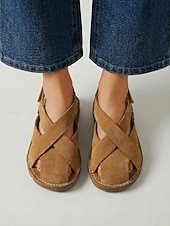 cheap Flat Sandals-Women's Khaki Crisscross Strap Flat Sandals - Closed-Toe Sandals with Adjustable Magic Tape, Casual Non-Slip Footwear for Summer Outings, Travel &amp; Daily Wear