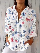 billige Blomstrete bluser-Dame Skjorte Rynket Blomstret Grafisk Elegant Ferie Stilfull 3/4 ermer Skjortekrage Crop Tops Avslappet Daglig Arbeid Hvit Gul Rosa Lys Lilla Lilla Sommer Vår