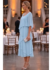 economico Lunghezza del tè-abito a tubino a colonna lunghezza tè abito da festa abito da cocktail abito da invitata a nozze abito da madre della sposa mezza manica scollo a U elegante formale chiffon con volant