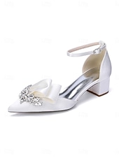 cheap Mother of Bride/Groom-Women's Sophisticated Navy Blue Satin Block Heel Shoes with Bow and Crystal Brooch for Mother of the Bride