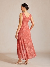  Damen Maxikleid Chiffonkleid Elegant Blumen Ärmellos U-Ausschnitt Koralle Rot
