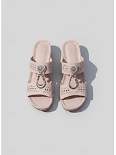 baratos Chinelos de slide-sandálias mule femininas de salto grosso – design com strass vazado, decoração com fivela retrô, sola confortável, para caminhadas ao ar livre, jardim e roupas casuais de verão