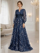 economico Lunghezza del pavimento-Linea ad A Abito Lunghezza al pavimento Vestito maxi Vestito da Festa Abito da Cocktail Abito da cerimonia per signora Manica Lunga Scollo a V Elegante Vintage Lussuoso Formale Ospite di nozze