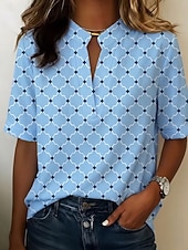 preiswerte Streifen- und geometrische Blusen-Damen Bluse Knöpfe Druck Grafik Geometrisch Vintage Stilvoll Modern Kurzarm Hemdkragen Normale Oberteile Lässig Täglich Blau Gelb Rosa Grün Sommer Frühling
