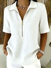  Dámské Halenka Košile z imitace lnu Zip Knoflíky Pevná barva Denní stylové Na běžné nošení Krátký rukáv Polo límec Běžné topy Ležérní Denní Vodní modrá Černá Bílá Žlutá Khaki Léto Jaro