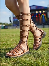 cheap Gladiator Sandals-Women's Tall Gladiators Sandals - Edgy Black Knee-High Summer Boots with Multiple Buckles, Studs &amp; Lug Sole for Music Festivals, Tropical Vacations &amp; Outdoor Adventures