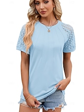 cheap Plain tee-Women's T Shirt Tee Top Lace Plain Elegant Stylish Short Sleeve Raglan Sleeves Round Neck Long Tops Casual Daily Black White Wine Sky Blue Summer Spring