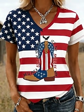  American Independence Day Women's T Shirt Print Graphic Letter American Flag Stylish Classic Casual Short Sleeve V Neck Regular Tops Casual Daily Blue Light Beige Black Red / Blue White+Blue Summer