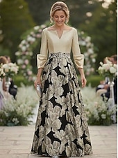 cheap Floor Length-A-Line Floor Length Formal Dresses Evening Gown Mother of the Bride Dress 3/4 Length Sleeve V Neck Square Neck Elegant Simple Formal Wedding Guest Semi Formal Metallic Fabric Jacquard with Pleats