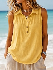 abordables Chemises-Femmes Gilet en coton et lin Texture Boutons ancien Sans manches Revers Hauts Réguliers Blanche Jaune Vert Été Printemps