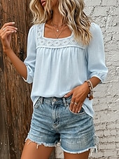  Women's Linen-feel Shirts Blouse Lace Trim Solid Color Daily Stylish Basic 3/4 Length Sleeve Square Neck Regular Tops Casual Daily Blue White Pink Navy Blue Green Summer Spring Fall