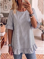  Femmes Chemise Rayé Élégant Bohème Vacances Manche Courte Hauts Longs Occasionnel Quotidien Fête Bleu Noir Rose Claire Violet Vert Été Printemps