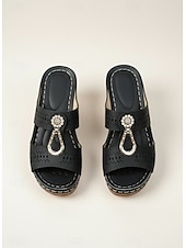 baratos Chinelos de slide-sandálias mule femininas de salto grosso – design com strass vazado, decoração com fivela retrô, sola confortável, para caminhadas ao ar livre, jardim e roupas casuais de verão