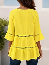 baratos Blusas Simples-Mulheres Blusa Renda Côr Sólida à moda Básico Casual Manga Longa Decote V Tops regulares Casual Diário Praia Branco Amarelo Vermelho Marron Verão Primavera Outono