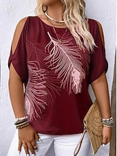  Women's Cold Shoulder Tops T Shirt Summer Tops Tee Floral Graphic Elegant Tropical Cute Short Sleeve Round Neck Regular Tops Casual Daily Beach Red Orange Summer Spring Fall Winter