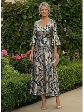 cheap Ankle Length-A-Line Ankle Length Tea Length Cocktail Dress Wedding Guest Dress Mother of the Bride Dress 3/4 Length Sleeve V Neck Elegant Formal Semi Formal Jersey with Floral Print Pleats