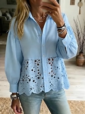  Mujer Camisa Encaje Elegante Bohemia Vacaciones Manga Larga Tops regulares Casual Diario Festivos Azul Piscina Rosa Beige Verano Primavera