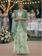 cheap Mom's Dress Sets-Two Piece A-Line Floor Length Wedding Guest Dress Mother of the Bride Dress Sleeveless 3/4 Length Sleeve Scoop Neck Elegant Simple Minimalist Formal Semi Formal Chiffon Jacquard with Floral Print