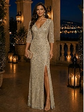 preiswerte Schlauch-Abendkleider-Schlauchkleid Bodenlang Abendkleid Festliche Kleidung Elegant Glitzernd Glitzern Dreiviertelarm V Ausschnitt Hochzeit Formell Spitze mit Schlitz Perlenbestickt