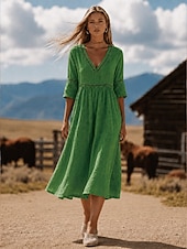  Per donna Abito Midi Abito a trapezio Casual Quotidiano Spiaggia Feste Vestibilità comoda Semplice Manica 3/4 Scollo a V Nero Bianco Giallo Verde Estate Primavera