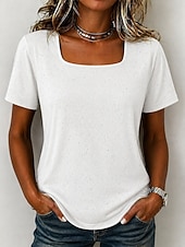 billiga Enkel t-shirt-Dam T-shirt T-tröja Strass Ensfärgat Mode Stylish Klassisk Kortärmad Fyrkantig hals Vanliga toppar Ledigt Dagligen Utekväll Svart Vit Brun Grå Sommar Vår