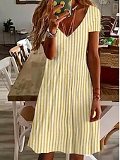 cheap Stripe&amp;Geometric Dress-Women's Knee Length Dress Casual Dress Striped Dress A Line Dress Elegant Fashion Daily Vacation Regular Fit Striped Short Sleeve V Neck Blue Yellow Red Green Summer Spring