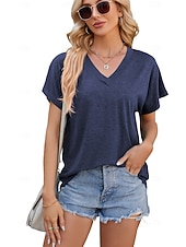 cheap Plain tee-Women's T Shirt Tee Top Solid Color Elegant Fashion Short Sleeve Raglan Sleeves V Neck Regular Tops Casual Daily Summer claret Cailan Black White Navy Blue Summer