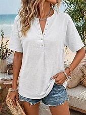 baratos Blusas Simples-Women's Shirt Casual Shirt Vacation Vintage Fashion Short Sleeve V Neck Crop Tops Casual Khaki Black White Yellow Pink Summer Spring