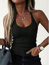 economico Serbatoio Semplice-Per donna Canotta A coste Senza schiena Tinta unica Elegante Caldo Spiaggia Senza Maniche All'americana Top corti Uscire Estate Blu Nero Bianco Grigio Estate