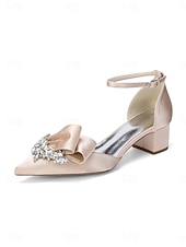 cheap Mother of Bride/Groom-Women's Sophisticated Navy Blue Satin Block Heel Shoes with Bow and Crystal Brooch for Mother of the Bride