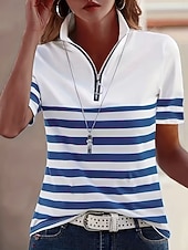 economico T-shirt a righe e geometrico-Per donna Maglietta Cerniera Zip a un quarto A strisce Grafico Geometrico Blocco di colori Vintage Tropicale Hawaiano Manica Corta Collo Alto Top Regolari Matrimonio in Spiaggia Casuale Quotidiano