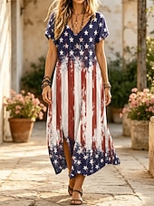 cheap 250th Anniversary Dress-American Independence Day Women's Midi Dress Shift Dress Casual Loose Fit Graphic Flag Short Sleeve V Neck White Royal Blue Summer Spring