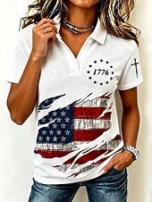  Jour de l'Indépendance Américaine Femmes Tee-shirt Gaufre Tops tricotés texturés Graphique Drapeau Américain Élégant ancien Classique Manche Courte Col Polo Hauts Réguliers Occasionnel Quotidien