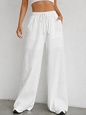 preiswerte weites Bein und hohe Taille-Damen Schlaghose Elegant Mode Volle Länge Hohe Taille Einfarbig Kordelzug Komfort Unelastisch Lässig Urlaub Schwarz Weiß Himmelblau Kamel Sommer Frühling Lässiger Schnitt