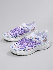 baratos Ténis de mulher-Tênis slip-on feminino roxo vibrante com estampa de borboletas - calçado esportivo leve com plataforma e detalhes em strass. &amp;Tênis casual de malha respirável, ideal para caminhadas leves e passeios