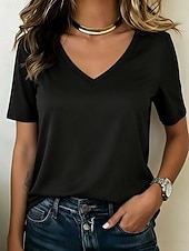 billige Plain t-skjorte-Dame T skjorte T-skjorter T-skjorte Grafisk عادي Stilfull Klassisk Kortermet V-hals Vanlige topper Avslappet Strand Høst Blå Svart Rosa Militærgrønn Navyblå Sommer Vår