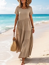 cheap Plain Dress-Women's Vintage Crew Neck Ruffle Pleated Asymmetric Maxi Dress Khaki Black White Pink Summer